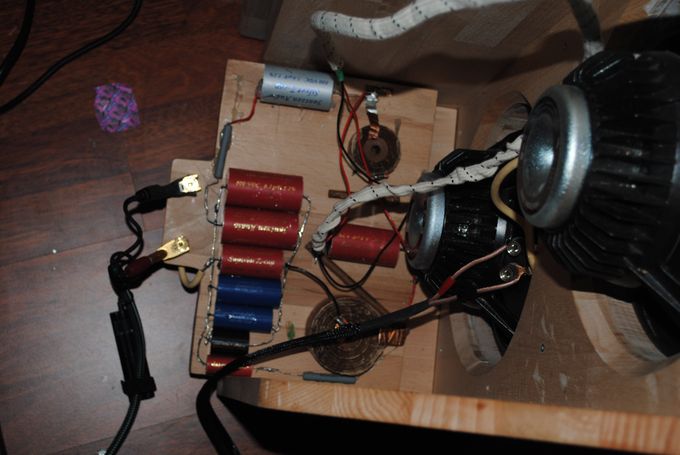 Picture taken from above showing the back of the speaker with crossover